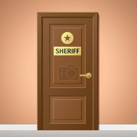 Téléchargez les illustrations : Shérifs salle de bureau porte en bois brun avec signalisation dorée, illustration vectorielle. - en licence libre de droit
