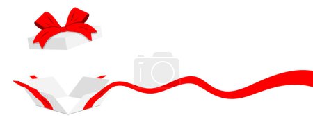 Ilustración de Caja de regalo blanca abierta con línea de cinta roja ondulada, aislada sobre fondo. Estilo plano vector banner. - Imagen libre de derechos