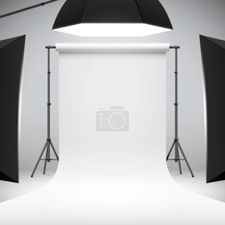 Photo studio white narrow backdrop with soft boxes. Professional photo shooting setup with studio lights, realistic vector illustration. Studio photography scene mock up.