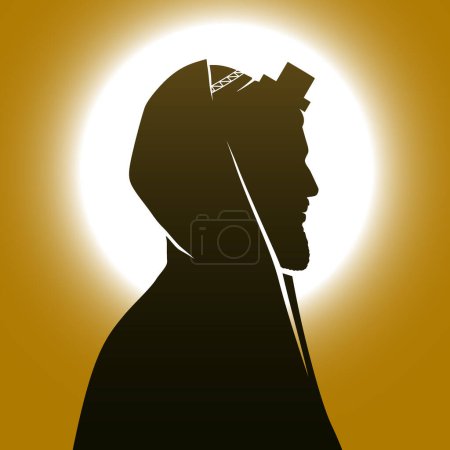 Illustration for Jewish man with Kippah, Tallit, and Tefillin, praying on a mystical sunny background, vector illustration. - Royalty Free Image