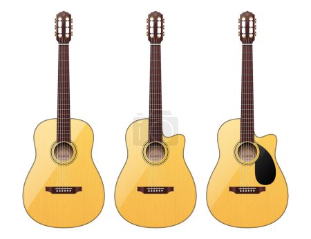 Illustration for Vector set of different shape realistic classical acoustic guitars, isolated on a white background. - Royalty Free Image