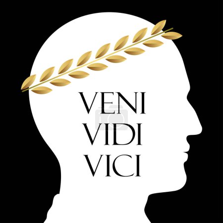 Ilustración de Retrato de silueta vectorial de César con corona de laurel dorado, y Veni, Vidi, frase vici, aislado sobre fondo negro. - Imagen libre de derechos