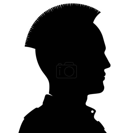 Illustration for Punk man with mohawk haircut black silhouette vector illustration, isolated on white background. - Royalty Free Image