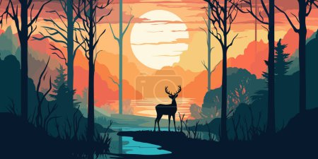 Ilustración de Ciervo parado sobre el fondo del bosque de ensueño durante el atardecer de color naranja, diseño de póster vectorial. - Imagen libre de derechos