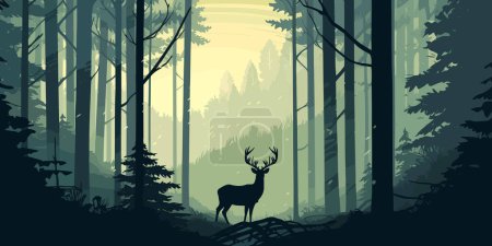 Ilustración de Ciervo parado sobre el fondo del bosque de ensueño, diseño de póster vectorial en tonos de color apagados. - Imagen libre de derechos
