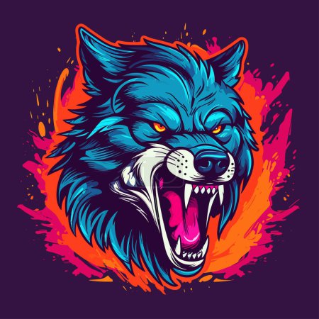 Ilustración de Ilustración vectorial de estilo de cepillo colorido de cabeza de lobo agresivo loco para impresión de camiseta o póster. - Imagen libre de derechos
