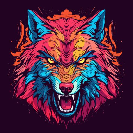 Illustration for Mad aggressive wolf head colorful brush style vector illustration for t-shirt or poster printing. - Royalty Free Image