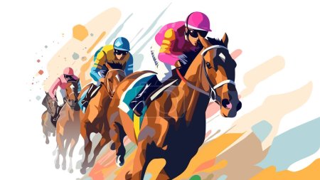 Torneo de carreras de caballos estilo plano vector colorido ilustración con 3 jinetes corriendo con caballos.