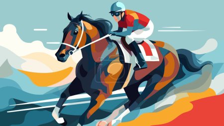 Illustration for Jockey sprinting with a racehorse on a horse racing trak, flat style colorful vector illustration. - Royalty Free Image
