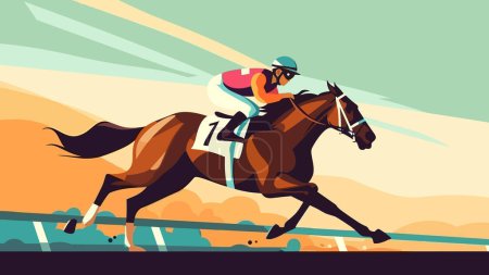 Jockey corriendo con un caballo de carreras en un trak de carreras de caballos, ilustración de vector colorido de estilo plano.