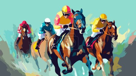 Cartel de carreras de caballos, con caballos corriendo y jinetes, ilustración de vectores coloridos de estilo plano.