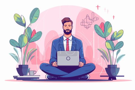 Der moderne Geschäftsmann sitzt in Lotus-Pose und arbeitet an einem Laptop auf rosa Hintergrund mit Blumen. Friedliches Arbeitsumfeld Konzept Vektor Illustration.