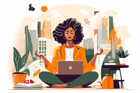Jeune femme de couleur marron se sentant paisible à son bureau moderne, illustration vectorielle concept.
