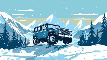 Illustration for Off-road vintage SUV bashing in snow, on the winter landscape background. 4x4 automotive adventure horizontal banner vector illustration. - Royalty Free Image