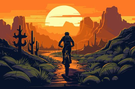 Téléchargez les illustrations : Promenade à vélo sur un sentier aux canyons au coucher du soleil, dans la nature sauvage avec des cactus et des rochers, illustration vectorielle. - en licence libre de droit