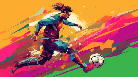 Illustration for Dribbling soccer player with football ball, flat art style colorful poster, vector illustration. - Royalty Free Image