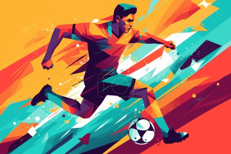 Dribbling Fußballer mit Fußball, flache Kunst Stil buntes Plakat, Vektorillustration.