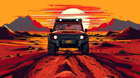Red todoterreno SUV conducción en el desierto sobre un fondo de puesta de sol caliente. Ilustración de vector de banner horizontal de aventura automotriz 4x4.
