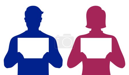 Illustration for Set of man and woman holding papers or airport meeting boards, silhouette vector illustration. - Royalty Free Image