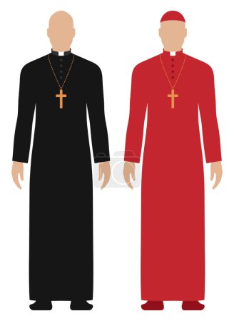 Illustration for Vector set of priest dressed in black and red cassock, isolated on white background. - Royalty Free Image