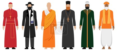 Ilustración de Principales religiones líderes espirituales con ropa de estilo diferente, conjunto de ilustración vectorial aislado. - Imagen libre de derechos
