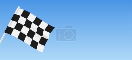 Drapeau de course à carreaux accroché sur un fond bleu ciel avec espace de copie, symbolisant le début ou la fin d'une course automobile, illustration vectorielle.