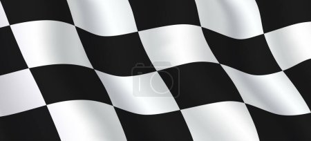 Schwingende karierte Flagge mit schwarz-weißem Quadrat-Muster, Vektorhintergrund.