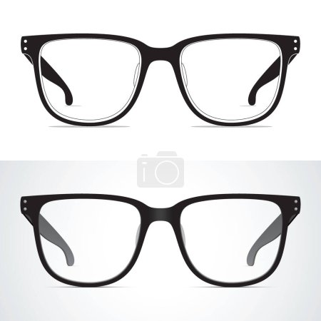 Schwarze Brille auf weißem Hintergrund. Vector Set mit flachem Stil und realistischer schwarzer Unisex-Brille.