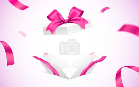 Explodierte weiße Geschenkschachtel mit rosa Bändern. Überraschungs-Geschenkbox mit Leerraum, Vektorillustration.