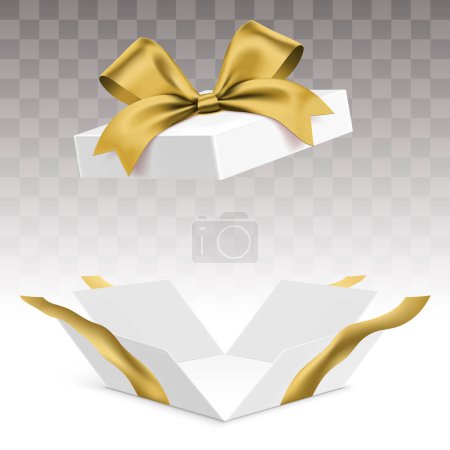 Opened white gift box with shiny golden ribbon, isolated on transparent background. Luxury surprise giftbox with empty space, vector illustration.