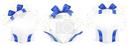 Illustration for Vector set of white gift boxes with blue ribbons and exploded colorful confetti isolated on a white background. Unfolded surprise giftbox, vector illustration. - Royalty Free Image