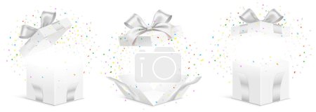 Illustration for Vector set of white gift boxes with exploded colorful confetti isolated on a white background. Unfolded surprise giftbox, vector illustration. - Royalty Free Image