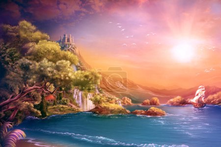 Illustration of romantic sunset, seaside mountain landscape with medieval castle, ship with sails and mediterranean houses. Digital art