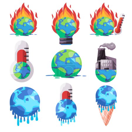 Téléchargez les photos : Réchauffement climatique globe brûlant changement climatique fonte chauffage brûlant température terre icône vectoriel illustration - en image libre de droit