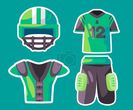 Téléchargez les photos : Maillot de couleur verte vêtements de rugby chemise uniforme vêtements de sport protection du corps et équipement de protection de la tête vecteur de sécurité - en image libre de droit