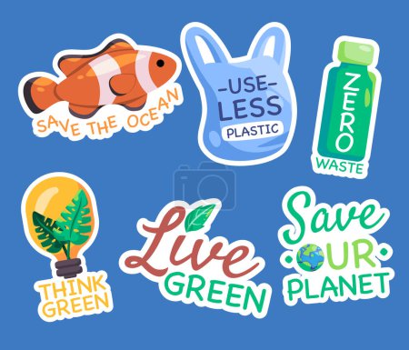Téléchargez les photos : Sticker set collection graphique de sauver l'océan utiliser moins de plastique zéro déchet penser vert vivre vert sauver notre planète vecteur - en image libre de droit