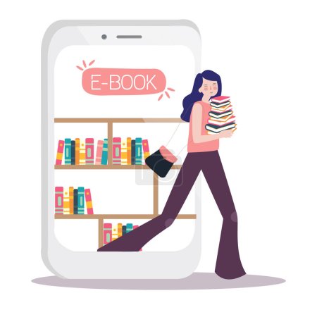 Ilustración de Ebook aprendizaje educación en línea smartphone tecnología electrónica digital moderna aplicación internet librería y chica montón libro vector - Imagen libre de derechos