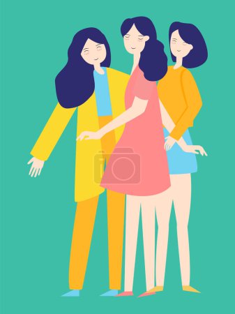 Téléchargez les photos : Trois filles amitié bonheur jeunes femmes mignonne joyeux joli sourire adorable expression relation vecteur - en image libre de droit