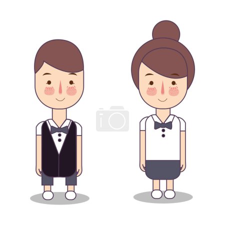 Illustration for Waitress professional work service staff hotel or restaurant boy and girl formal elegant uniform smile expression cute character vector - Royalty Free Image