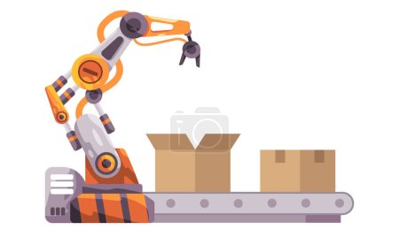 Illustration for Automated warehouse inventory technology with robotic arm robot hand in conveyor handling box package delivery vector - Royalty Free Image