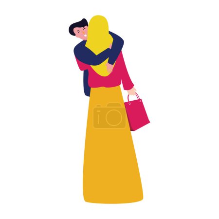 Illustration for Boy and hijab girl hugging together relationship romance couple lovely affection happy smiling expression vector - Royalty Free Image