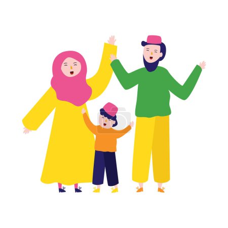 Téléchargez les photos : Femme mari et fils musulman heureux famille portant hijab islam religion relation positive parentalité affectueux joyeuse vecteur d'expression - en image libre de droit