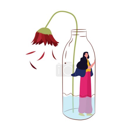 Illustration for Girl inside bottle wilted flower dry dead spiritless plant and sadness girl broke heart disappointed love stress unhappy expression vector - Royalty Free Image