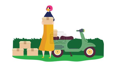 Illustration for Girl courier delivery carrying cardboard package customer service driver motorcycle transportation vector - Royalty Free Image
