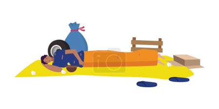 Illustration for Homeless poor man sleeping beggar lonely crisis economy wear torn clothes casual apparel sadness social life vector - Royalty Free Image