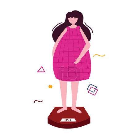 Illustration for Female wear dress outfit weighing scale technology device measure appliance overweight calorie body vector - Royalty Free Image