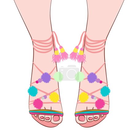 Téléchargez les photos : Femmes sandales accessoire mode glamour beau style élégant avec attrayant couleur rose vernis à ongles vecteur - en image libre de droit