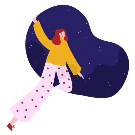 Illustration for Young girl wear pajama sleepwear and sky sparkle shine star galaxy universe astrology in nigh time view vector - Royalty Free Image