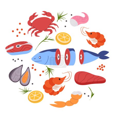 Téléchargez les illustrations : Collection de fruits de mer ensemble vectoriel dessin illustration plat de poisson crevettes crabe thon culinaire créature marine vecteur - en licence libre de droit