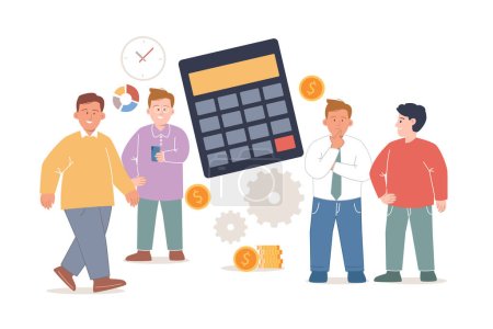 Illustration for Calculator money financial management team of accounting calculate tax expense in a company corporate solvency credit vector - Royalty Free Image